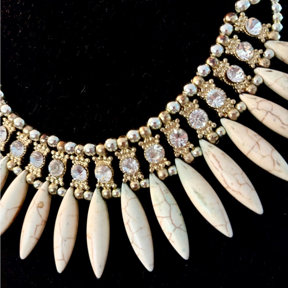 Boho Bib Exotic Necklace in Gold, Rhinestones, and Ivory Veined Spear Drops